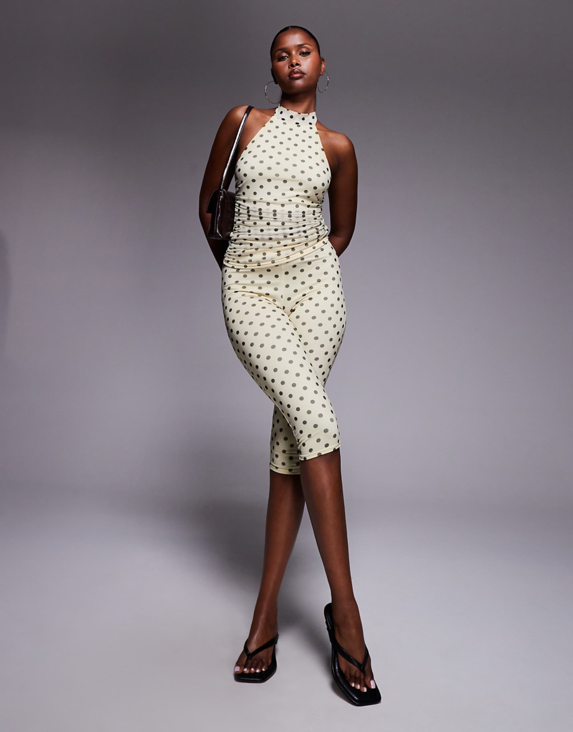 Kaiia Exclusive Double Layered Slinky Mesh High Waist Capri Pants in Lemon and Black Polka Dot - Part of a Set