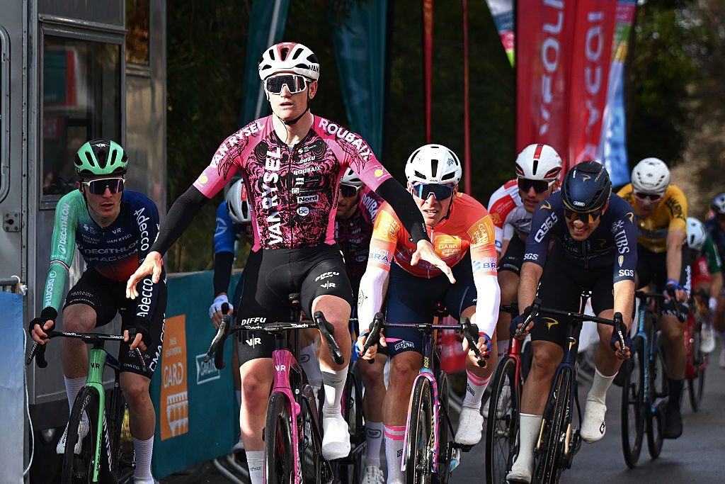 VAUVERT, FRANCE - FEBRUARY 07: Joppe Heremans of Belgium and Van Rysel Roubaix celebrates at finish line as stage winner during the 56th Etoile de Besseges - Tour du Gard 2026, Stage 4 a 154.8km stage from Saint-Christol-lez-Ales to Vauvert on February 07, 2026 in Vauvert, France. (Photo by Luc Claessen/Getty Images)