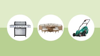 A BBQ, garden dining set and a lawnmower cut out on a tow-tone green background