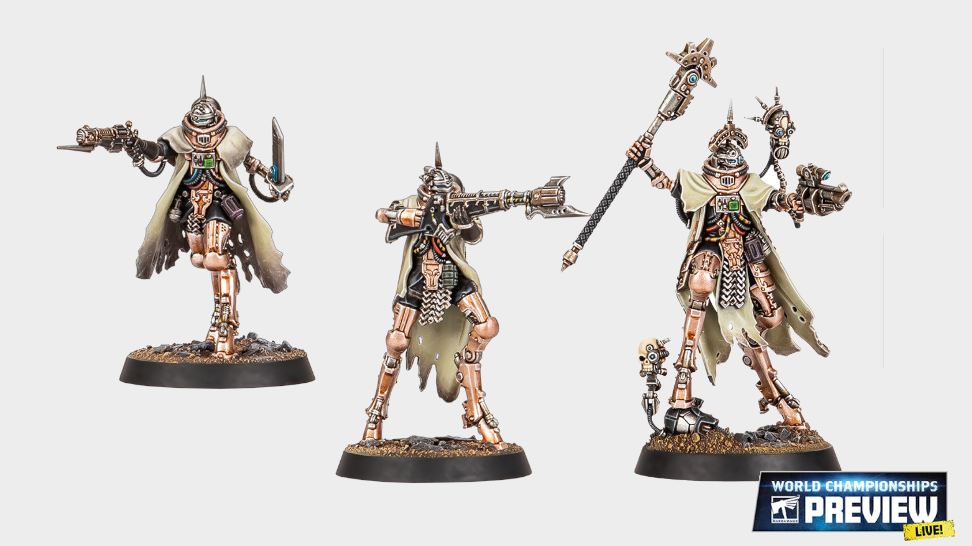 Skitarii Battle-Pilgrim models on a plain background, with a World Championships Preview logo in the bottom right-hand corner