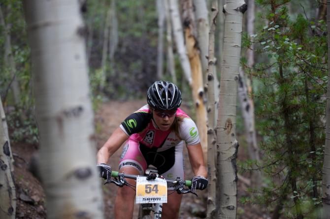 Amanda Carey pushes hard to keep her lead after dropping the rest of the women's field nearly half way into the stage