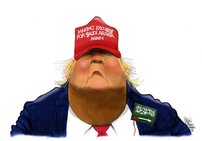 Political cartoon U.S. Trump Saudi Arabia excuses Mohammed bin Salman MAGA hat
