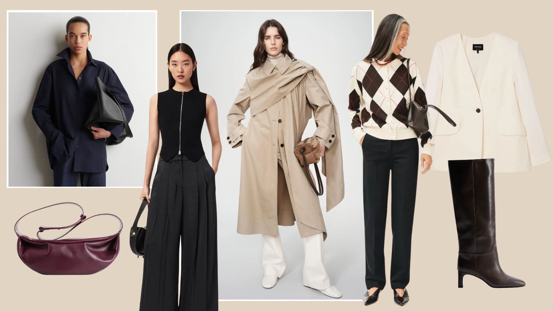 A collage of expensive-looking high street pieces.