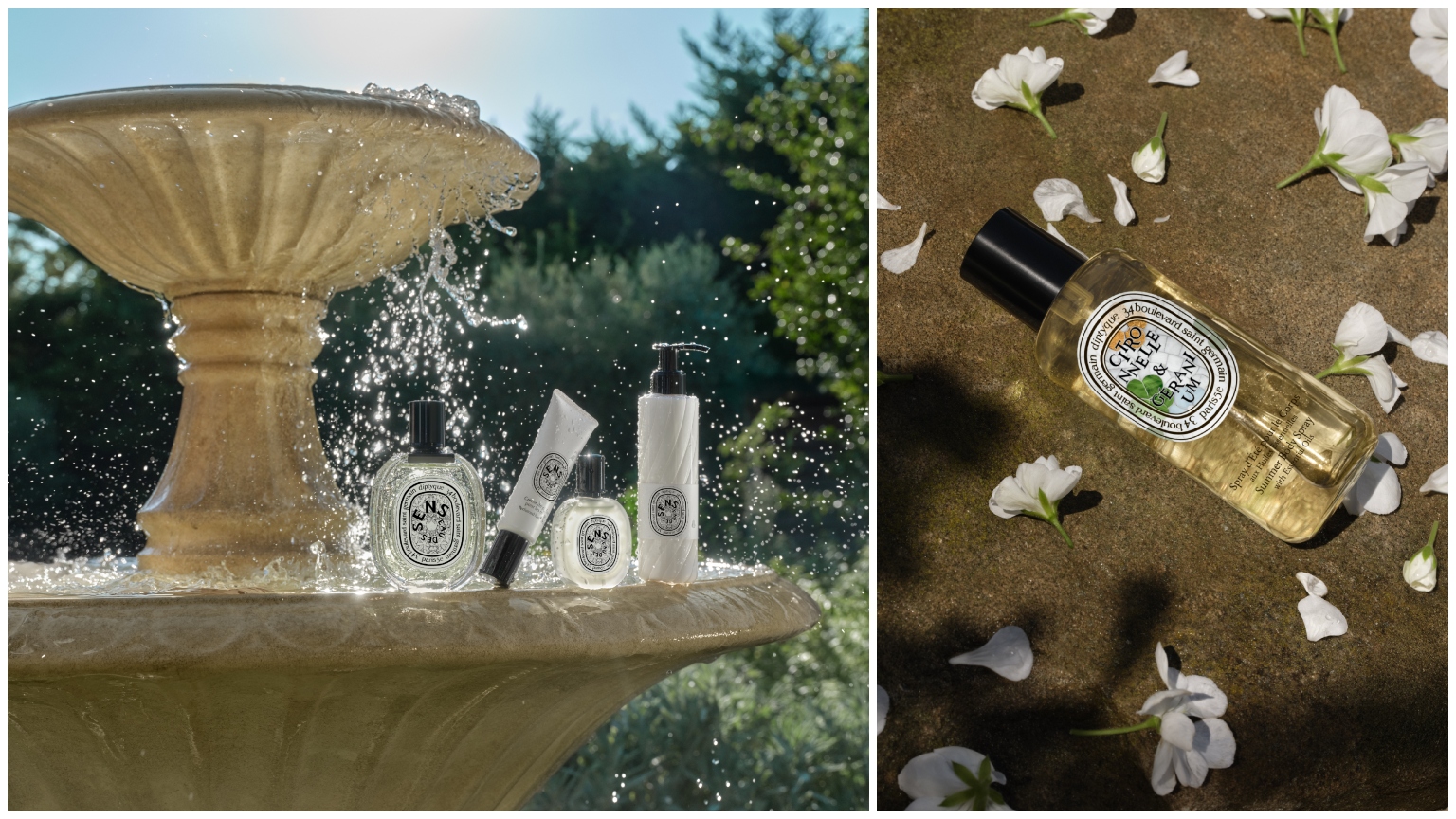 split image of diptyque summer 2026 collection products sitting on fountain in garden