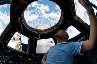 European Space Agency astronaut Alexander Gerst, Expedition 40 flight engineer, enjoys the view of Earth from the windows in the Cupola of the International Space Station.