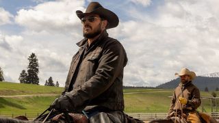 A composed Rip (Cole Hauser) on horseback against a beautiful Montana backdrop in Yellowstone Season 5