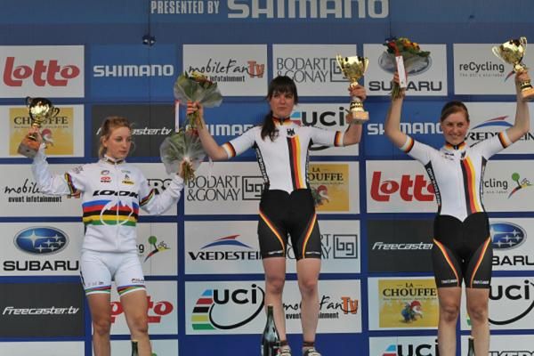 Junior women's cross country World Cup podium in Houffalize, Belgium