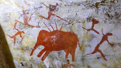 A replica painting from the Cave of Altamira (Cueva de Altamir) in Santillana del Mar in Cantabria, Spain, which has cave paintings created between 18,500 and 14,000 years ago during the Upper Palaeolithic by paleo human settlers. The earliest paintings in the cave were drawn around 35,600 years ago.