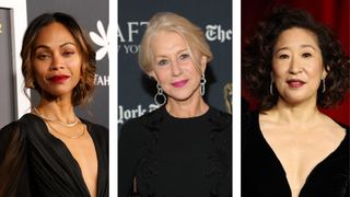 Collage of Zoe Saldana, Helen Mirren and Sandra Oh wearing bold lipsticks and no eyeshadow