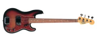 Studio still life of a 1992 Fender James Jamerson Tribute Precision Bass guitar, photographed in the United Kingdom.
