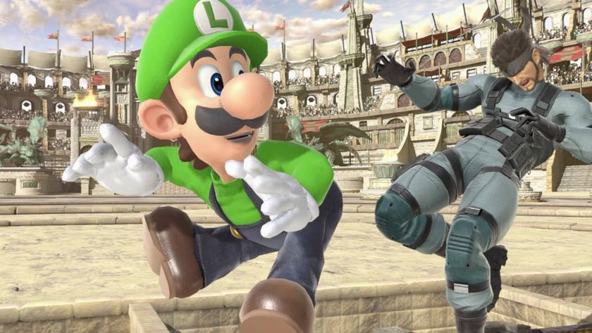 Luigi fighting Snake in Super Smash Bros. Ultimate.