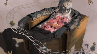 Artwork from Zero Parades: For Dead Spies showing the Conditioning thought How to Pull This Off, showing CASCADE slumped in a chair with her innards turned into a pinball machine