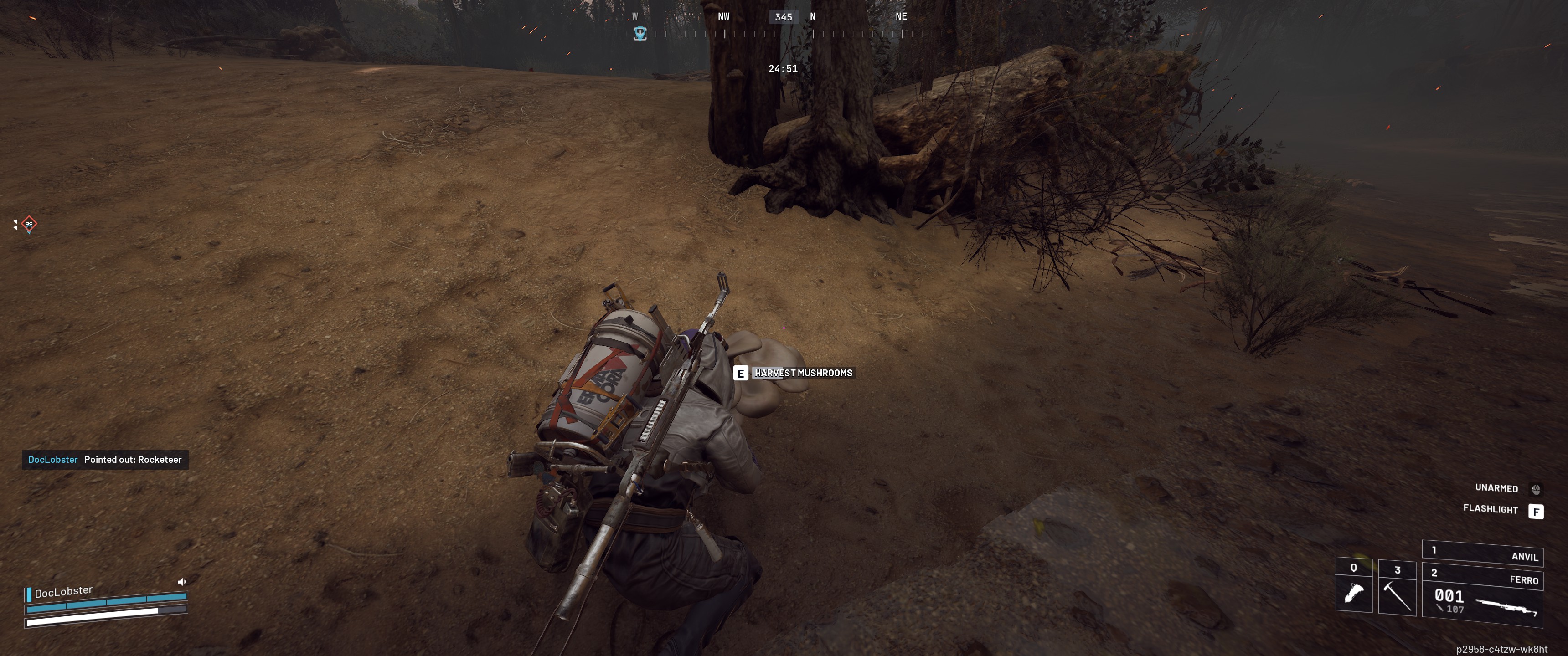 arc raiders astronaut character finding a mushroom in the swamp