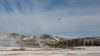 Researchers fly the SkyTEM magnet over Yellowstone National Park.