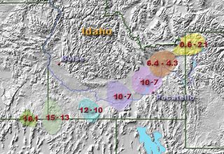 A map of the 7 Yellowstone supereruptions known before this study.