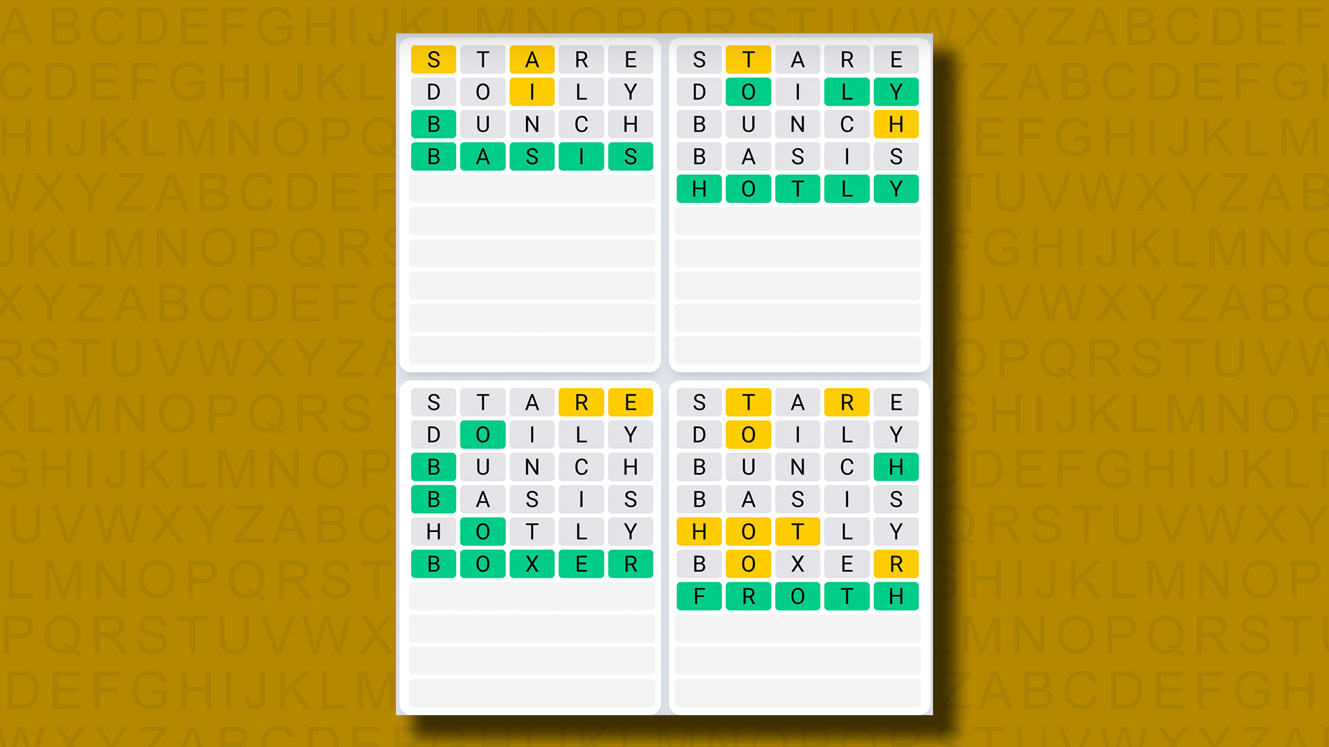 پاسخ Quordle Daily Sequence برای بازی 993 در پس زمینه زرد