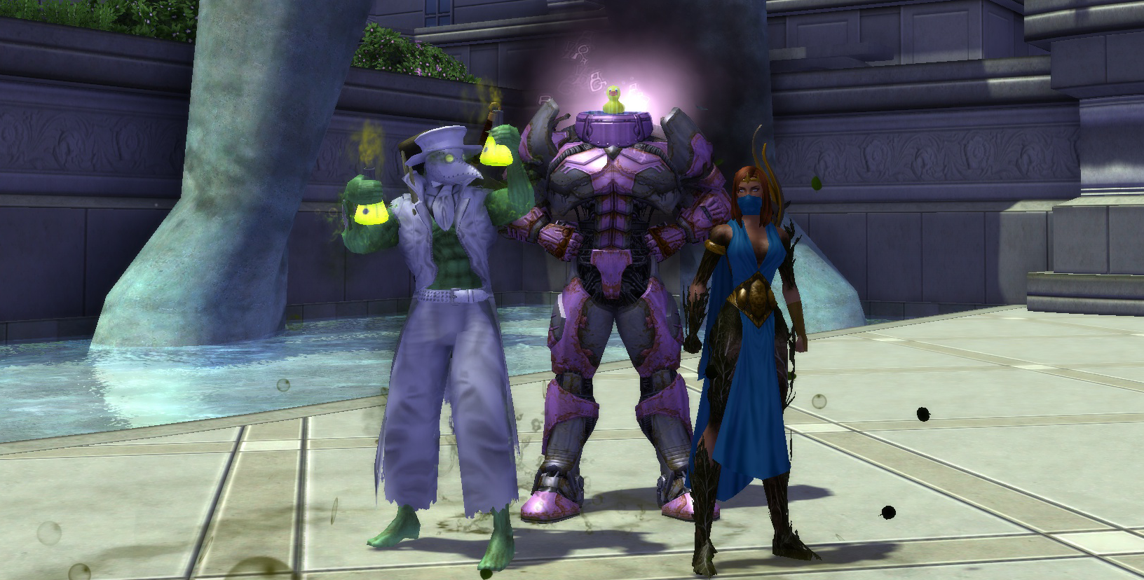 A trio of superheroes stand at the feet of Atlas' statue in Atlas Park, in City of Heroes.