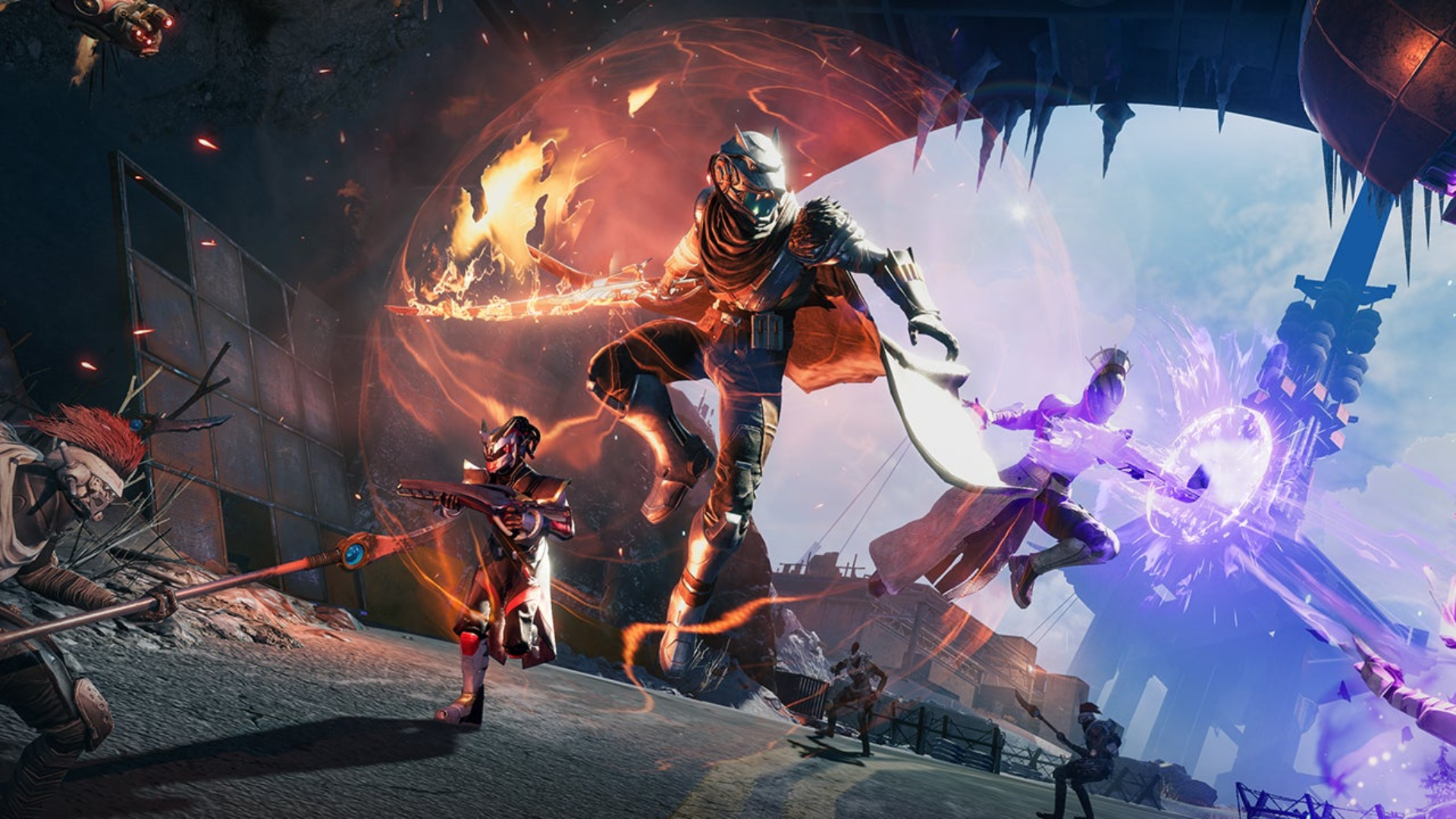 Destiny: Rising codes - Key art for the game showing three Guardians using their abilities as they leap into a fight against Fallen.
