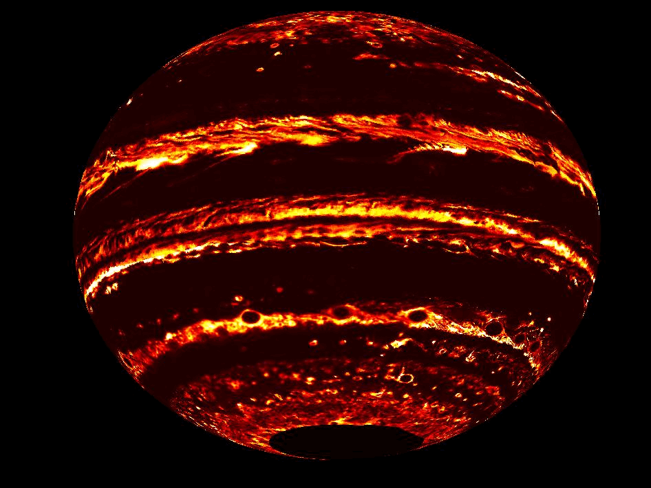 GIF showing infrared emission from Jupiter, as observed by NASA's Juno spacecraft.