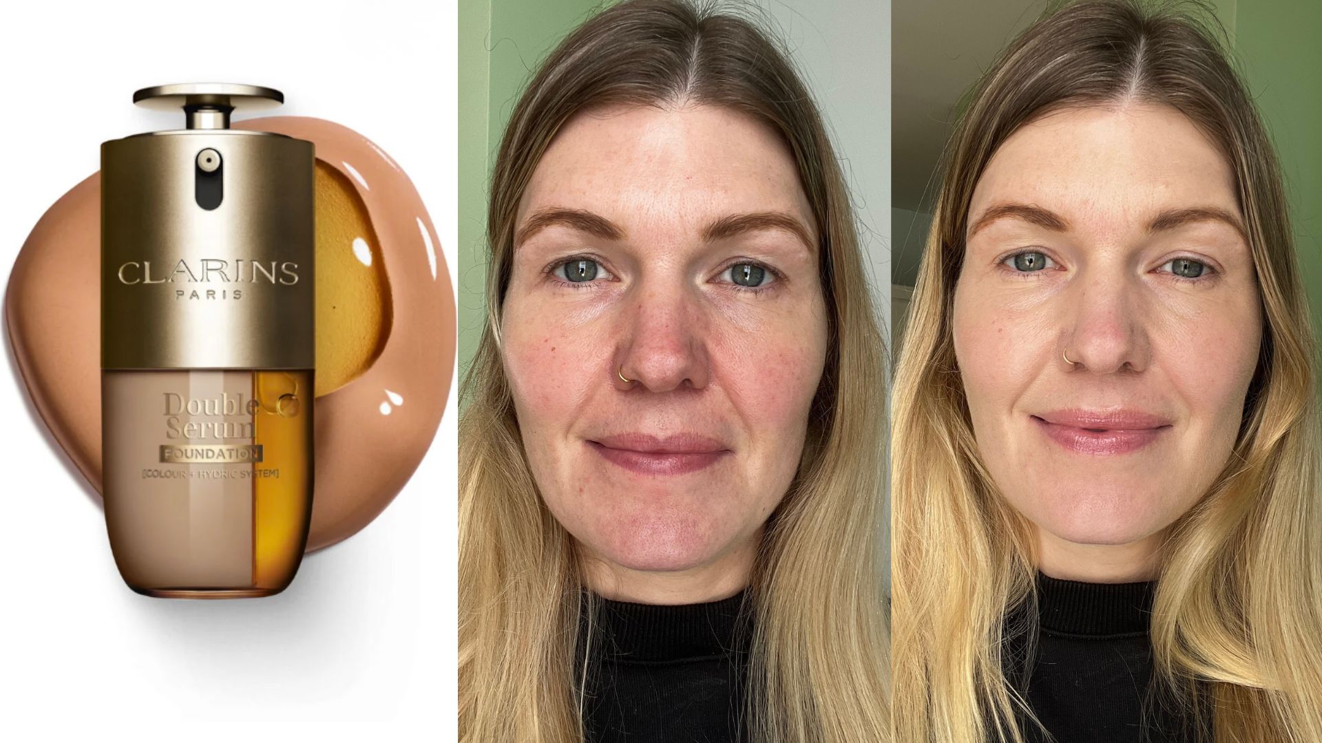 an image of clarins double serum foundation next to a photograph of fiona mckim wearing a black jumper and, (left) no makeup then (right) wearing clarins double serum foundation on her skin