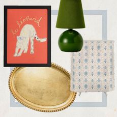 Leopard print artwork, a green lamp, a golden wooden tray, a shower curtain. 