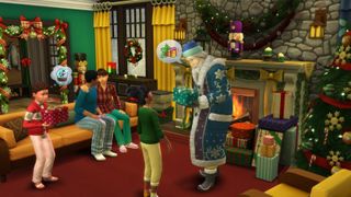 The Sims 4 Seasons - father winter hands a present to a child