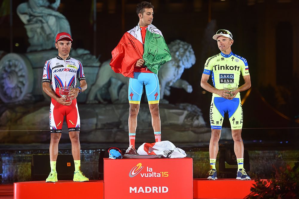 The 2015 Vuelta a Espana podium: (from left) Joaquim Rodriguez, Fabio Aru and Rafal Majka.