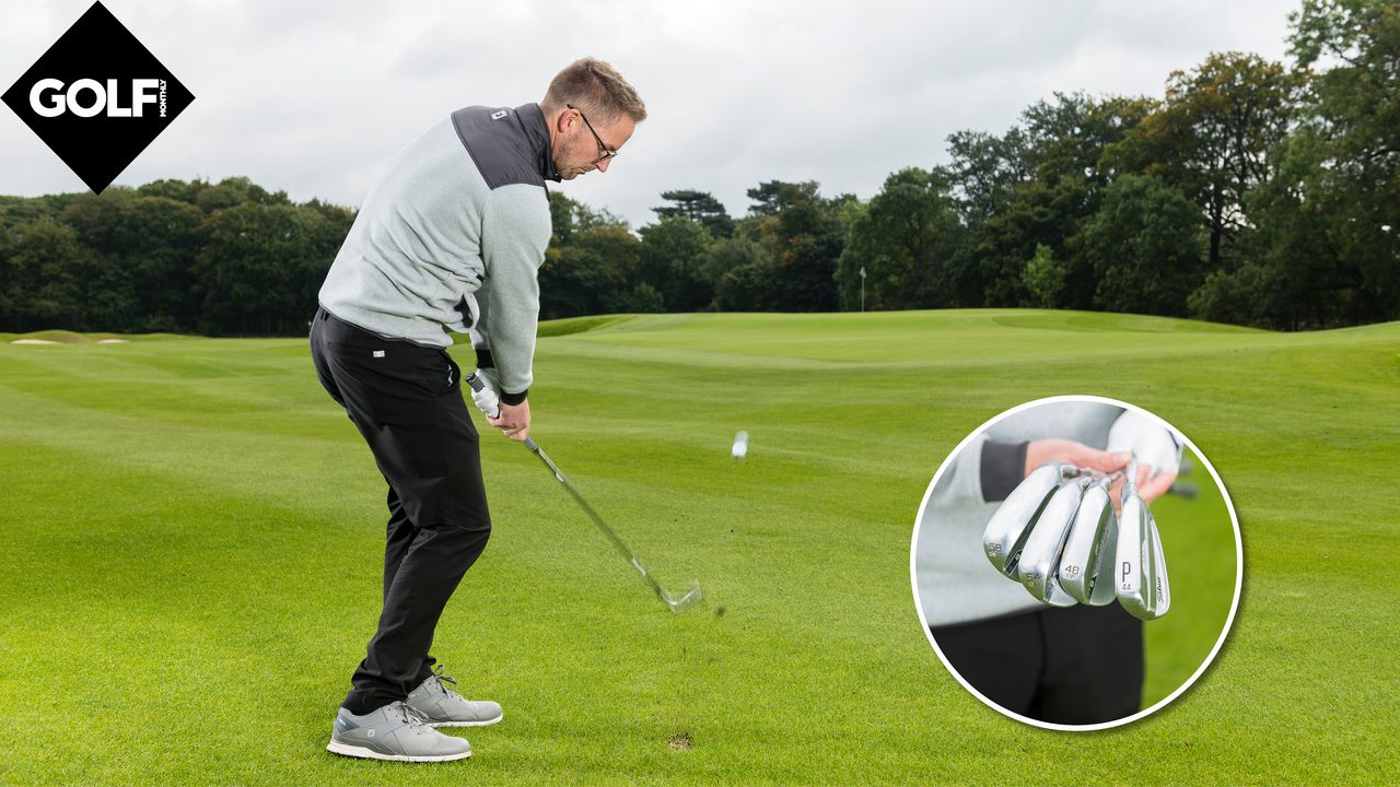 PGA pro Nick Drane hitting a wedge shot at a short game area at Woburn