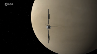 A space probe flies by a tan planet.