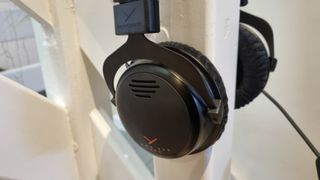 The side of the Beyerdynamic MMX 300 Pro gaming headset, showing the venting that makes them open-back (or semi-open back, if you ask me).