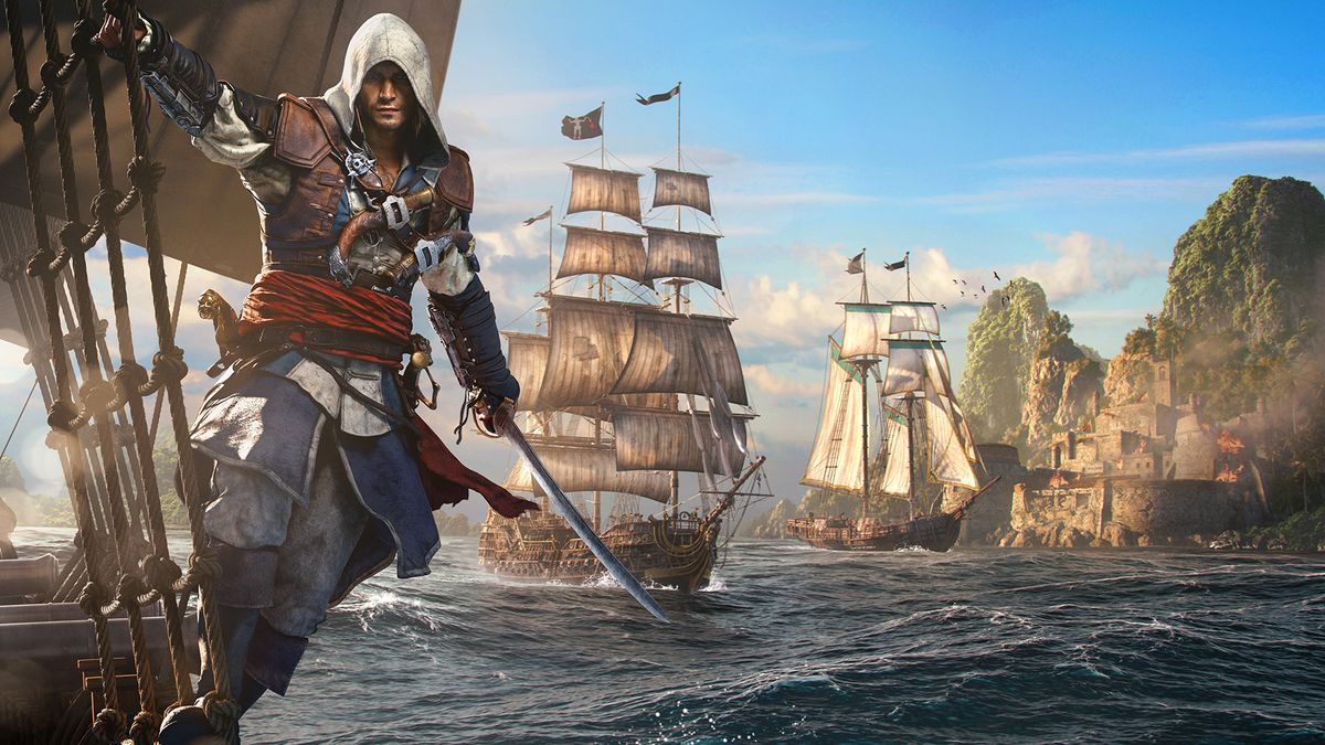 Edward leans off some rigging in Assassin's Creed Black Flag Resynced