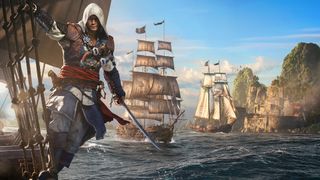 Edward leans off some rigging in Assassin's Creed Black Flag Resynced