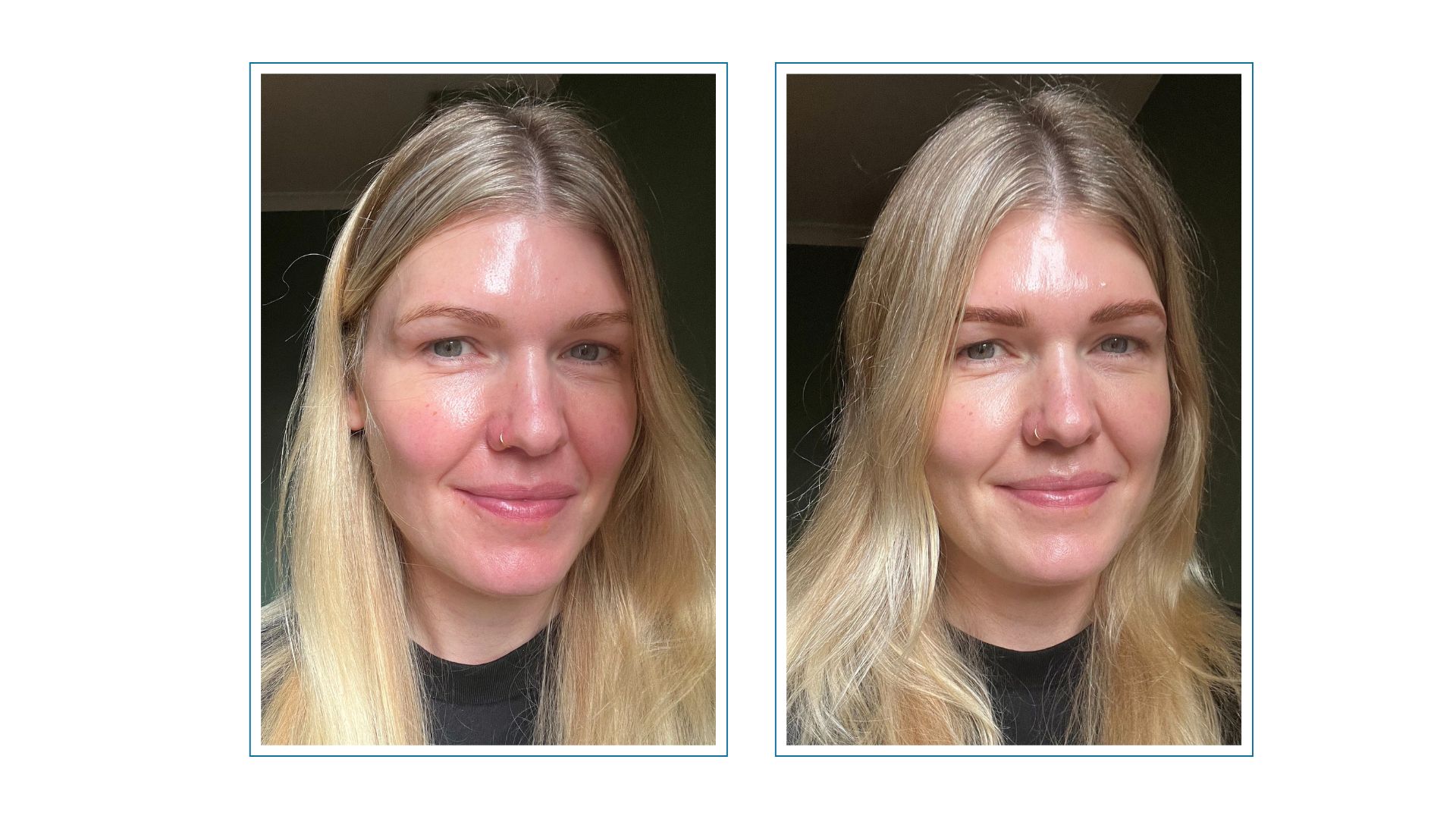 Beauty editor Fiona Mckim pictured with blonde hair and a black T shirt, in two side by side images, one before applying natural collection eyebrow pencil and one afterward, with defined eyebrows