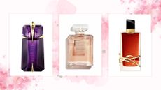 A composite image of three of the best perfume deals in July 2023, on a pink floral background.