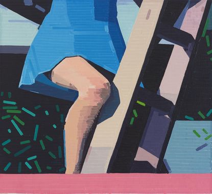 Painting of womans knees and legs going up a ladder