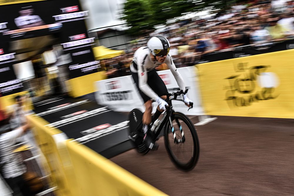 Chris Froome (Team Sky) starts time stage 20 time trial at the Tour de France