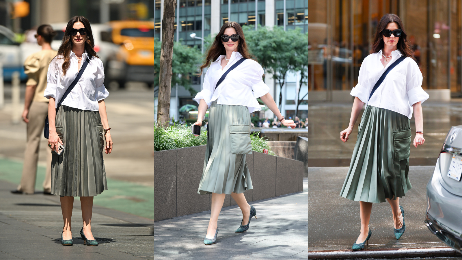 Anne Hathaway wearing khaki pleated skirt