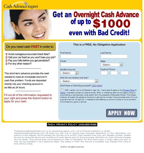 Cash Advance Expert image: The homepage for Cash Advance Expert is a little outdated, but it does have links to FAQs and a privacy policy page.