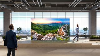 A large Sony LED display with vivid imagery and bright colors is the centerpiece in an office lobby.