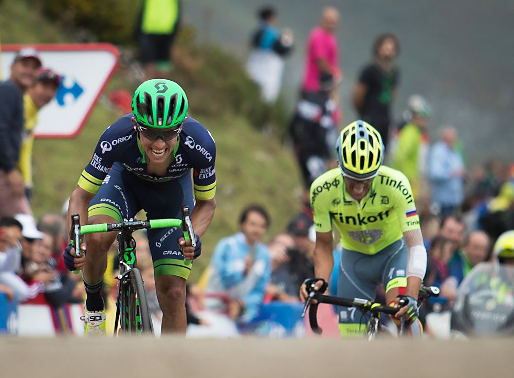Esteban Chaves and Alberto Contador arrive at the finish of stage 10 at the Vuelta