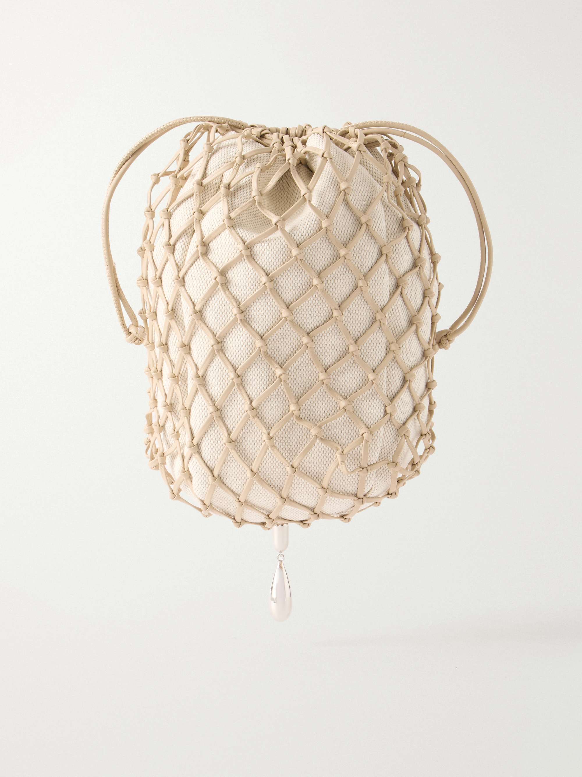 Macrame Bead-Embellished Canvas-Trimmed Leather Clutch
