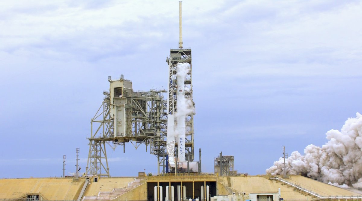 SpaceX test fires a previously flown Falcon 9 rocket booster ahead of its planned launch on June 19, 2017 to send BulgariaSat-1, the first communications satellite for Bulgaria, into orbit from Pad 39A of NASA&#039;s Kennedy Space Center in Cape Canaveral, Flo