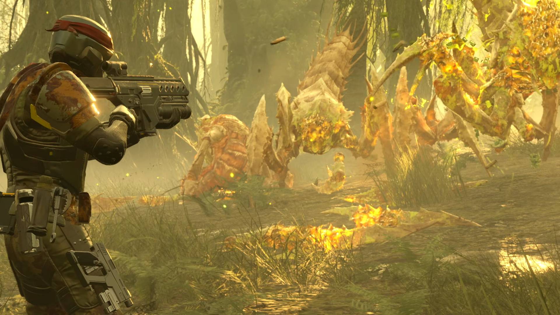 Helldivers 2 Python Commandos helldiver aiming one two assault rifle at terminid warriors