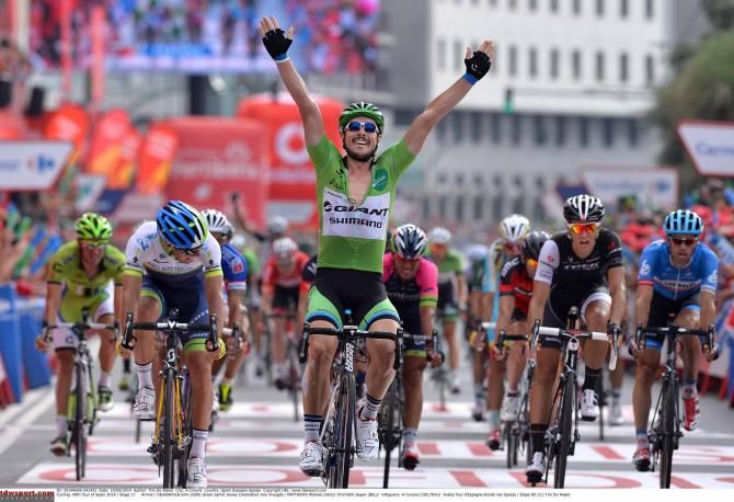 John Degenkolb (Giant-Shimano) beats Michael Matthews and Fabian Cancellara to win stage 17 of the 2014 Vuelta a Espana.
