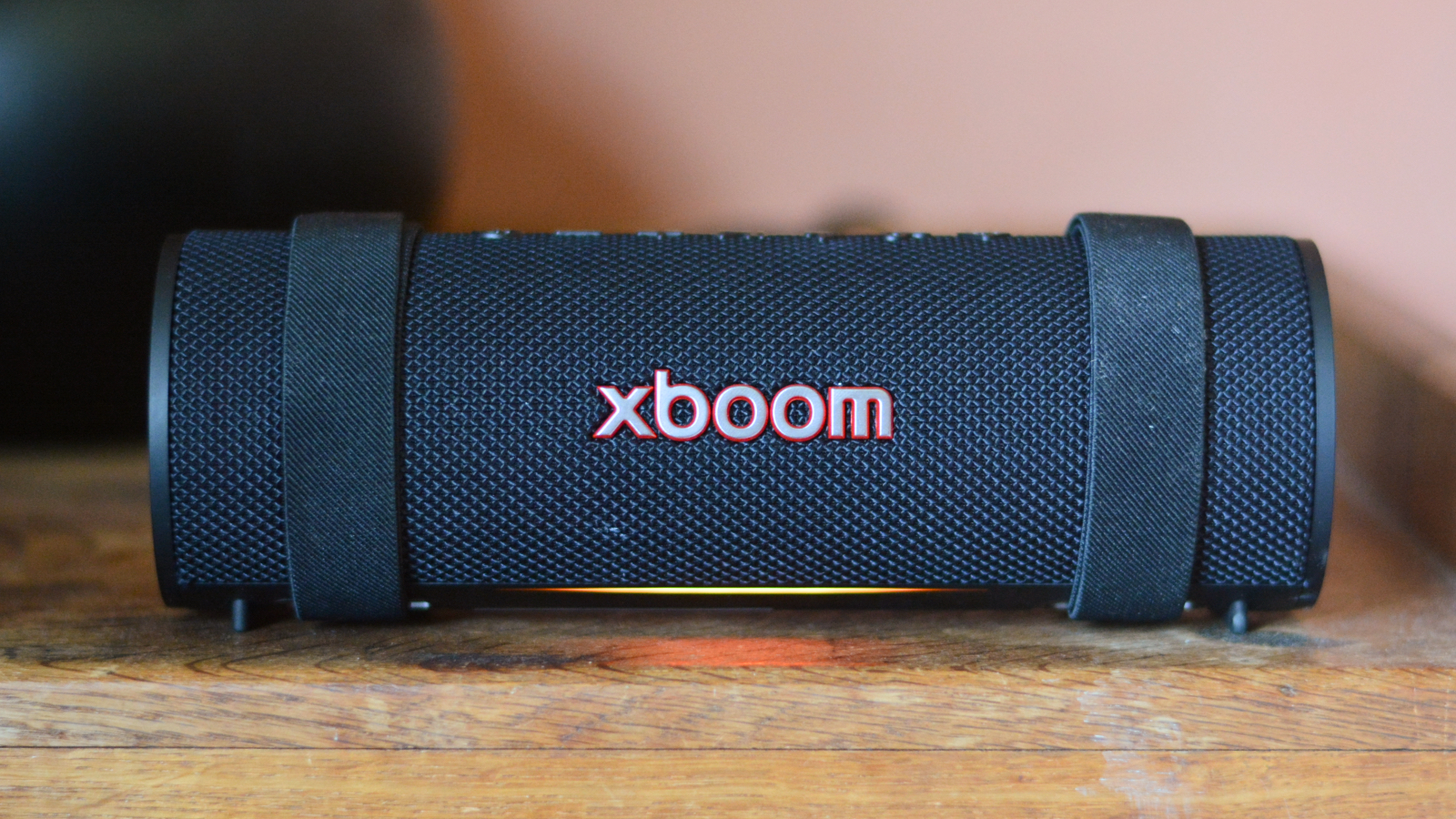 LG xboom Grab Bluetooth speaker in an outdoor setting