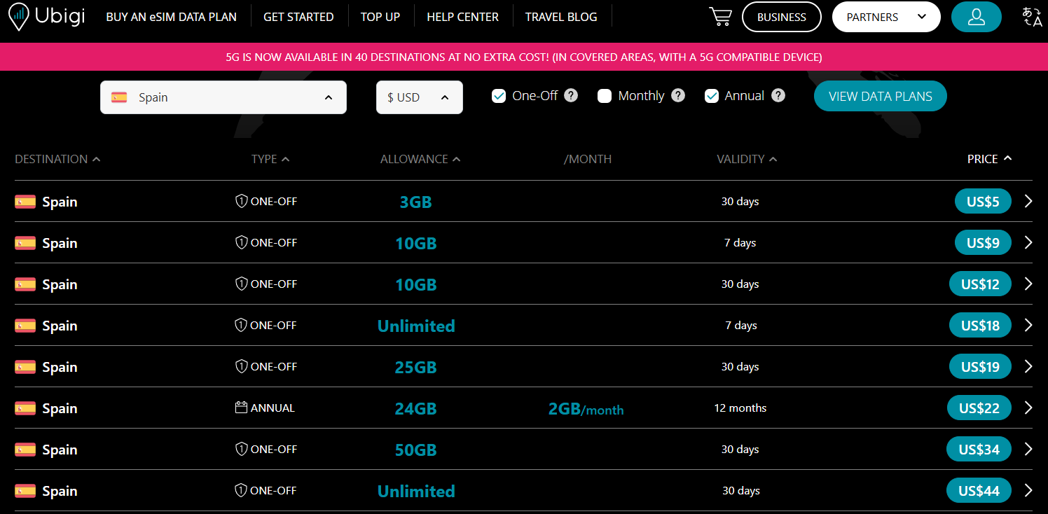 Ubigi Spain data plans screenshot