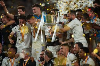 Real Madrid players celebrate their Copa del Rey final win over Osasuna in May 2023.