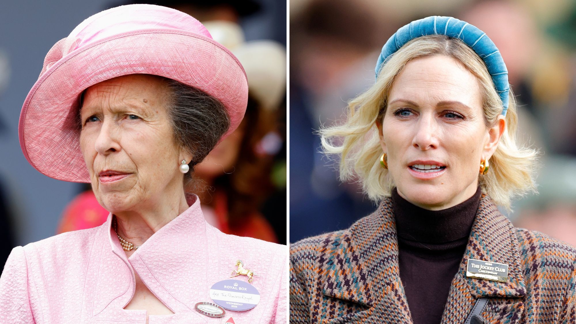 A composite of a picture of Princess Anne at Ascot 2026 and a picture of Zara Tindall at Cheltenham Racecourse on January 1, 2026