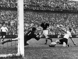 West Germany on the attack against Hungary in the final of the 1954 World Cup.