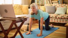 A woman practices yoga at home. She is on her hands and knees on a yoga mat, looking at a laptop in front of her on a small table. Behind her we see a couch with scatter cushions and some bookshelves. A small dog is lying next to her as she exercises. 